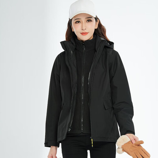 BRELRMON韩版冲锋衣女男防风户外防寒三合一保暖可拆卸滑雪登山服夹克外套 HS12805曜石黑-女 M