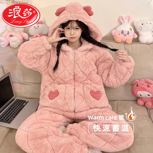 浪莎（LangSha）珊瑚绒睡衣女三层夹棉加绒加厚2025新款可爱可外穿保暖家居服套装 3291 M (推荐80-斤)