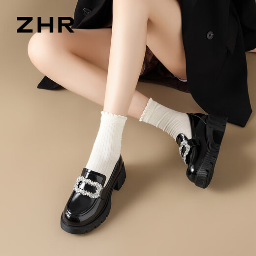 ZHR乐福鞋女时尚镜面百搭水钻女鞋厚底增高单鞋黑色皮鞋JF151黑色37
