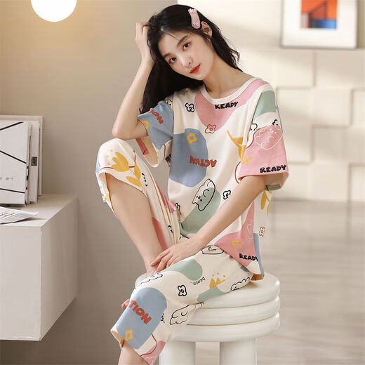 浪莎（LangSha）睡衣女夏季短袖七分裤加大宽松春夏天可外穿卡通可爱家居服套装 短袖七分裤5503_-684深紫 XL _建议115-125斤穿