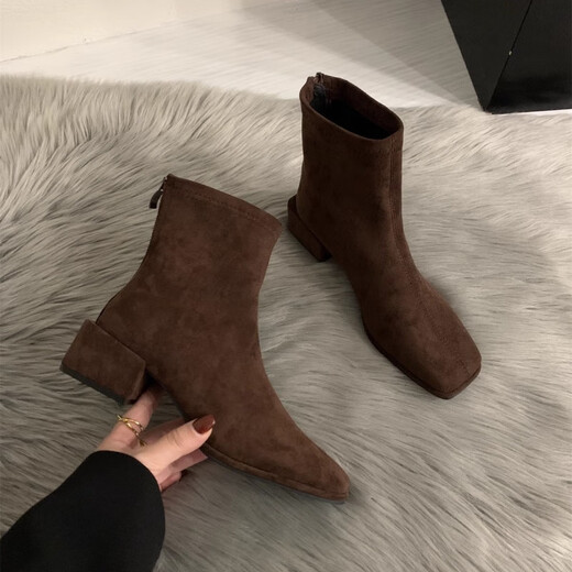 
CEOCK autumn and winter wool elastic socks boots for women Martin boots thin boots short boots thick heel medium heel plus velvet nude boots B679-1 black velvet 36