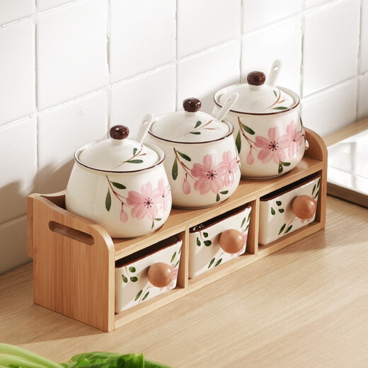 DuoMeiRan home kitchen seasoning box combination seasoning jar ceramic salt shaker seasoning jar set wooden frame double-layer seasoning bottle jar Sakura 7-piece set (wooden frame B3)