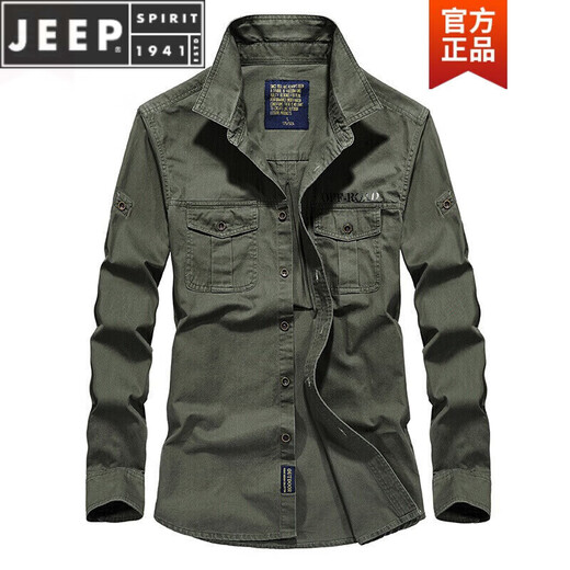 JEEP SPIRITPIRIT长袖衬衫男士春秋休闲纯棉大码宽松衬衣青年上衣薄款外套男 加绒卡其色1389 S 均码
