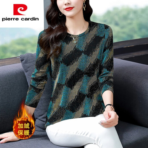 Pierre Cardin velvet thickened T-shirt for ladies, autumn bottoming shirt for women, Yiwu middle-aged 2025 spring and autumn new model, half-high collar, geometric velvet XL, suitable for weight 115-130