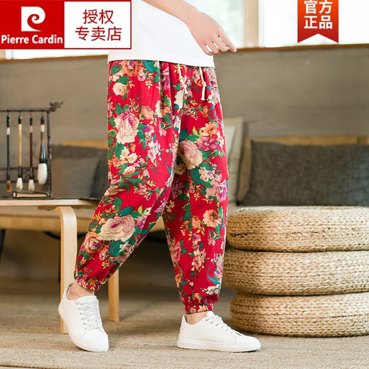 Pierre Cardin Chinesischer Stil gedruckter Sommer -Leinenhose Herren Baumwollwäsche Hose Los großer Laterne Harem Hosen Herren Grün 2xl