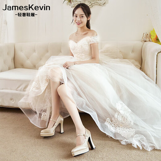 James Kevin品牌主婚纱神器婚鞋女2024新款结婚新娘鞋防水台高跟鞋厚底粗跟 757香槟色鞋跟升级(11cm) 36 230mm