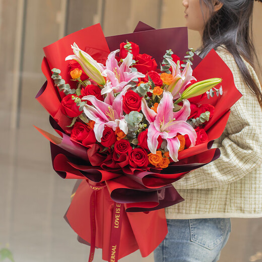 Zorah Valentine's Day Flower Express Rose Bouquet Proposal Birthday Gift for Girlfriend Nationwide Flower Shop Delivery 19 Red Roses + Lily Mixed Bouquet