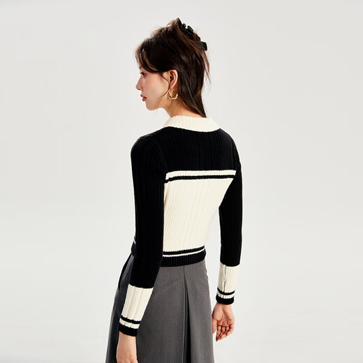 凡兔凡兔翻领弹力短款针织衫女2024春季新款修身麻花毛衣撞色打底衫 黑白色 S