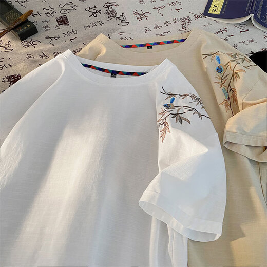 ZHIWEI NEUER CHINE CHINESS-STYLE Kurzärmeliges T-Shirt für Herren Sommer neue Baumwoll- und Leinen Nischenmarke Lose halbärmelige T-Shirt T3523 Apricot XL [Empfohlen 125-145jin [Jin gleich 0,5 kg]]