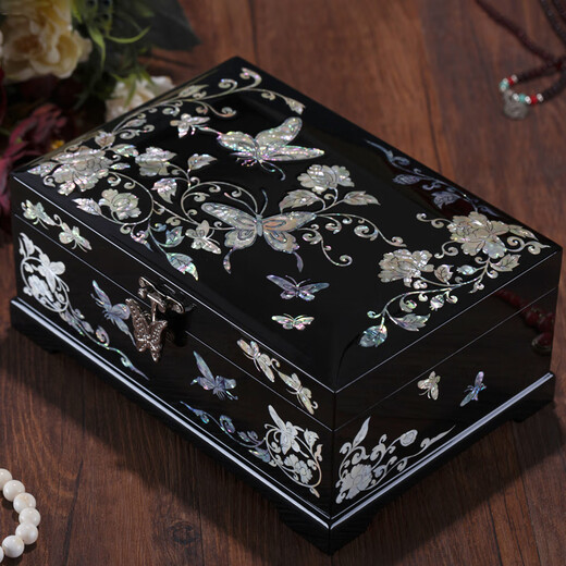 Shuntong Lifang Mother-of-pearl Lacquer Jewelry Jewelry Storage Box Wooden Retro Jewelry Box Princess Birthday Valentine's Day Gift Burgundy Swallow 22*15*9 Points 5cm