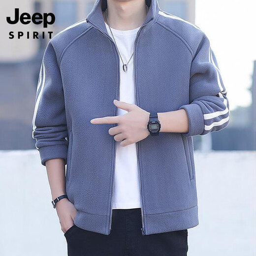 JEEP SPIRIT Jeep Men's Cardigan Sweatshirt Plus Velvet Thickened Striped Stand Collar Polar Fleece Autumn and Winter Jacket Warm Casual Jacket 8868 Military Green Regular Style L (Recommended 120-140 Jin Jin equals 0.5 kg)