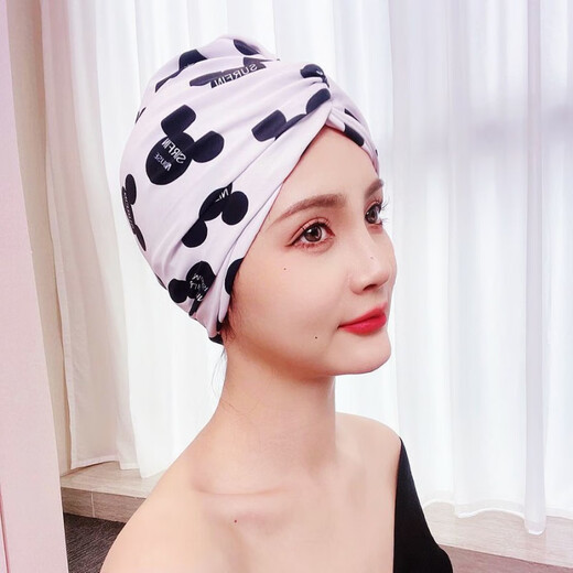 Zailu long and short hair, fashionable and cute ear-protecting fabric swimming cap, good-looking, hot spring swimming cap for women with small face, 2001 black Mickey hat + nose clip earplugs