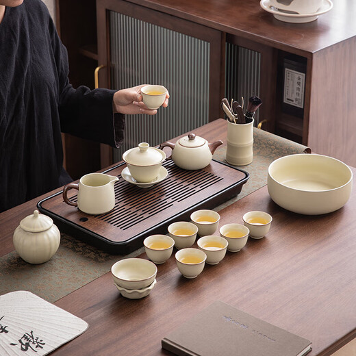 Lingyi tea set complete tea set set beige Ru kiln teapot tea cup gift box beige Ru kiln 16-head gift box set
