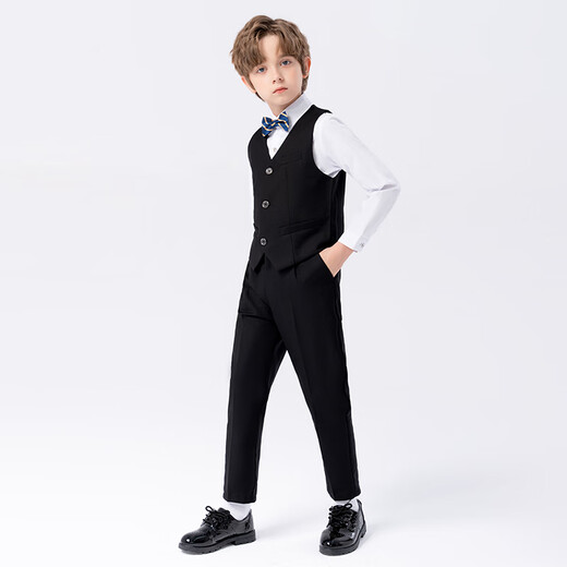 萝卜呗呗（LUOBOBEIBEI）儿童西装男童纯色西服花童中小童礼服套装 黑色五件套 140