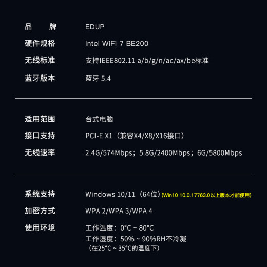 Yilian (edup) Wifi7 Gigabit E-Sports Wireless Network Tarjeta 8774M Triple-Band 5G Desktop Computer Interfaz PCIe Bluetooth 5.4