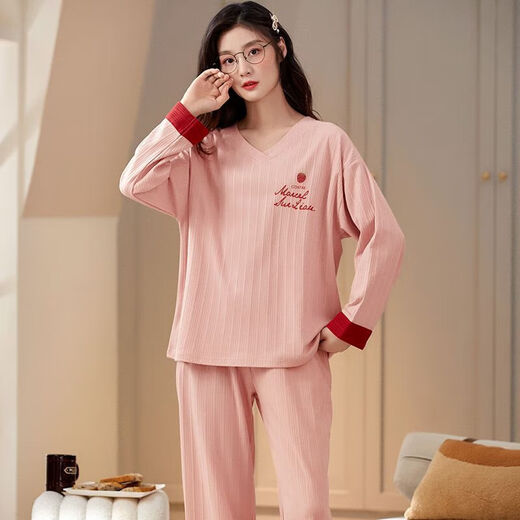 棉睡衣女春秋季新款坑条圆领套头长袖长裤家居套装可外穿 MXL-ZWF9925 L码-建议90-110斤