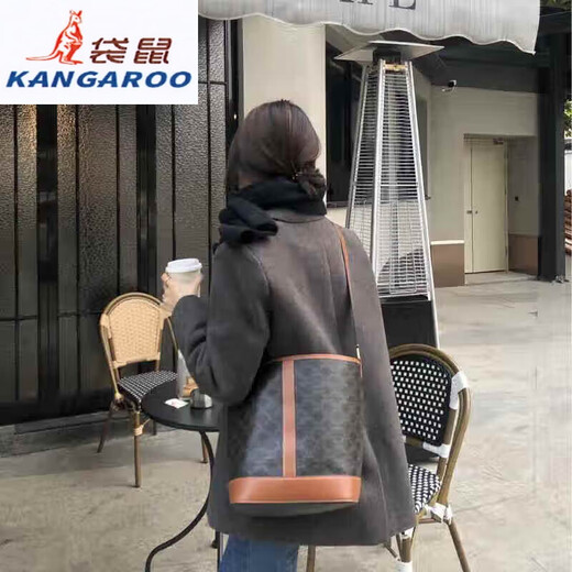 袋鼠（KANGAROO）轻奢品牌包包女2025夏季新款感单肩斜挎包大容量老花复古水桶包 老花棕小号