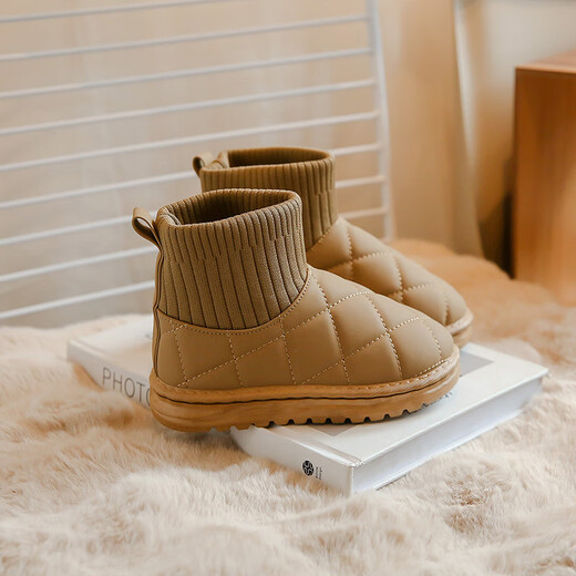 Muni children's velvet snow boots, stylish socks, short boots, bread shoes, 2025 winter new style, warm large cotton shoes for boys and girls, velvet thickened socks boots, khaki color, size 32, inner length 20cm