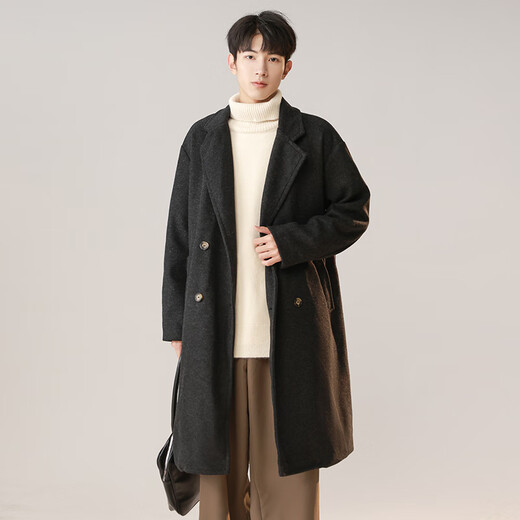 Dingfengbaoluo Korean style woolen coat for men winter mid-length thickened coat high-end double-breasted HK09 matte black L