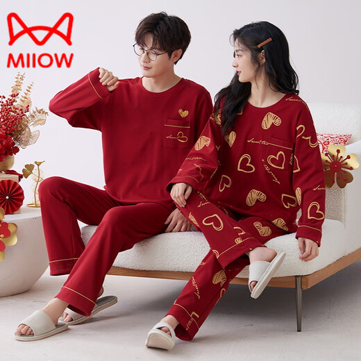 猫人（MiiOW）新款红色睡衣结婚新婚情侣套装男女冬秋季新款纯棉长袖喜庆家居服 9227女【双喜临门】 L ( 120斤)