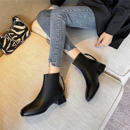 ZHR women's boots with thick heel and temperament square toe short boots for women Korean style ins trendy zipper plus velvet warm boots for women's commuter style naked boots fashion Y389 black 35