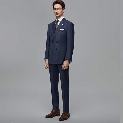 Blue Leopard (LAMPO) imported wool spring and autumn business commuter men's all-wool double-breasted dark blue plaid suit suit top dark blue 52 (175/104) C