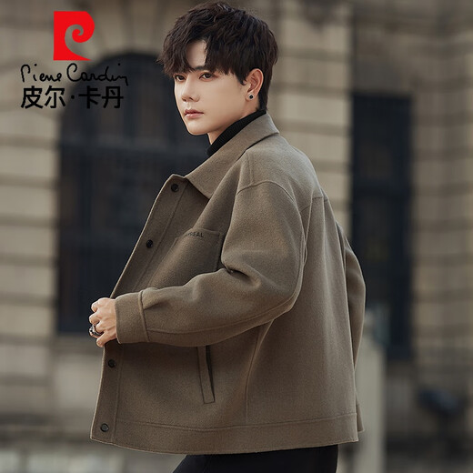 皮尔卡丹秋冬季羊毛呢大衣外套男士非羊毛高级感双面呢子休闲夹克短款潮流 茶褐色 S