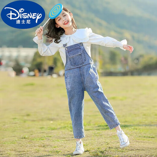 迪士尼（Disney）女童牛仔背带裤2024新款10岁中大童韩版裤子春秋洋气儿童秋装套装 蓝色背带裤 150cm 建议10-11岁