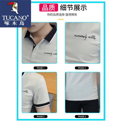 啄木鸟polo翻领短袖男夏季潮牌高端T恤半袖潮流修身商务休闲上衣体恤 卡其色 L