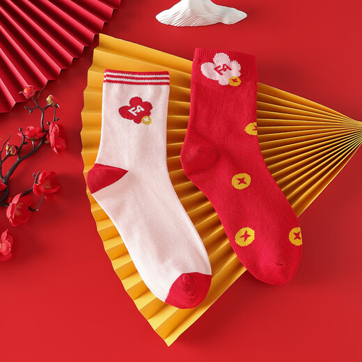 红豆儿童袜子男女童本命年红色新年四季棉袜中筒袜2双装W5010 24-26cm