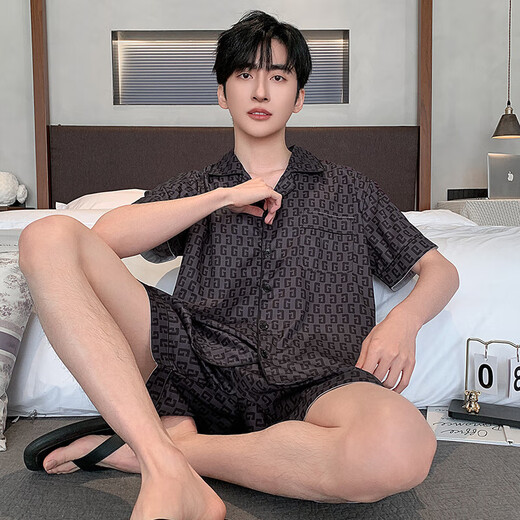 
LangSha ice silk pajamas men's summer short-sleeved thin imitation silk home clothing men's middle-aged and young summer silk suit LQY6628 3XL 175-185CM/170-190Jin[Jin equals 0.5 kg]