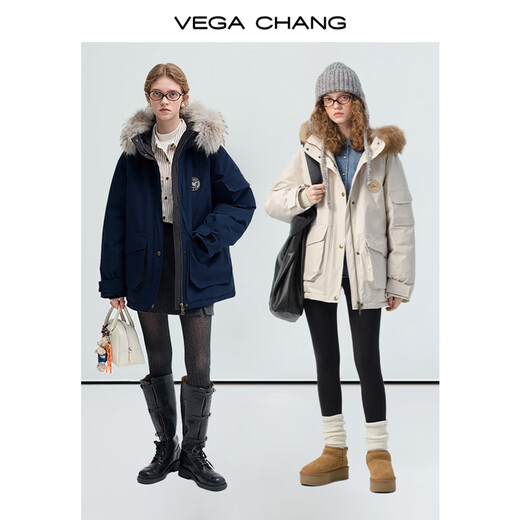 VEGA CHANG三防羽绒服女冬2024年新款貉子毛领保暖工装派克服外套 A款/深藏蓝(三防版) S
