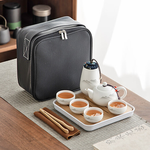 Gold inlaid jade travel tea set home outdoor portable mutton fat jade porcelain Kung Fu tea set tea tray beautiful view of the sea of clouds