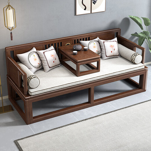 Dimmel New Chinese-style solid wood arhat bed walnut small apartment telescopic push-pull bed sofa bed Zen arhat bed push-pull arhat bed (cotton linen + latex style) assembly