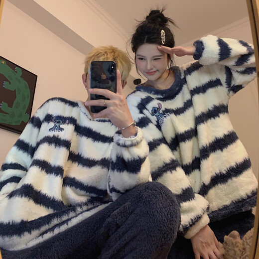 Mengdong Korean Stitch Cartoon Couple Pajamas for Men and Women Autumn and Winter Plus Velvet Thickened Striped Plush Home Clothes Two-piece Set TM#8920 Striped Stitch 2XL Men's Style (145-170 Jin Jin is equal to 0.5 kg)