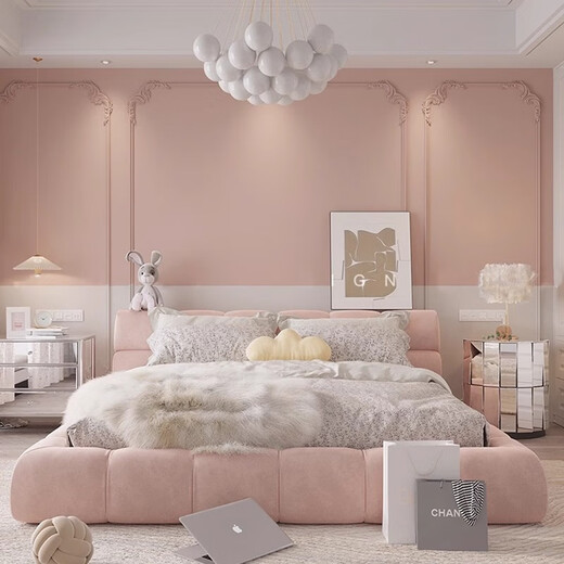 Yongtong bed cream style pink puff bed 2*2.2 meters double bed master bedroom queen bed wedding bed technology velvet bed storage bed puff bed upgraded 15 cm steel wood bed board 1.5*2 meters