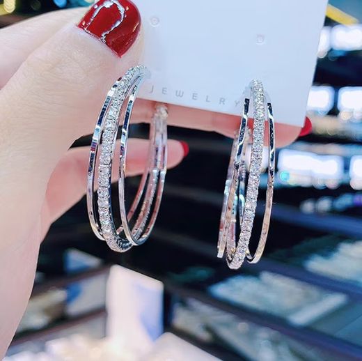 Timo live broadcast new trendy multi-layered large earrings 925 silver needle large hoop earrings Internet celebrity temperament goddess style exaggerated earrings Sansheng Sanshi large hoop earrings silver A21-208