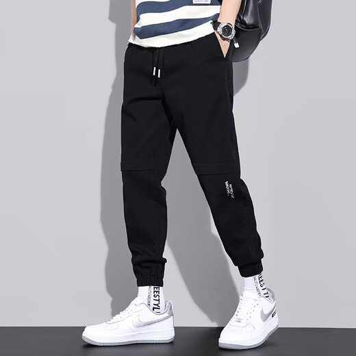 闳风休闲裤子男士春秋新款夏季薄款弹力透气束脚裤宽松哈伦工装男裤 黑色 XL(建议120-135斤)
