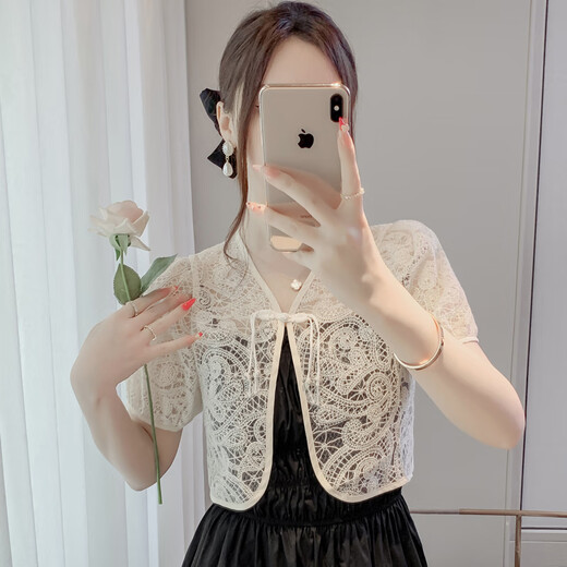 
Mu Xiaduo small shawl lace small shawl for women in summer 2024 new Chinese style plate button hook flower hollow short sleeve sunscreen cardigan 3890 apricot S