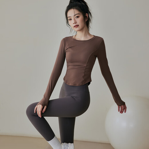 LULULOMDDW high-end warm yoga wear women's long-sleeved sports tops tight slimming Pilates training autumn and winter fitness wear two-piece set (clay pink top + medium gray pants L recommended 105-120 Jin Jin equals 0.5 kg