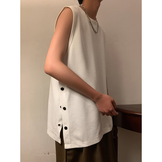 渐影华夫格背心男夏季港风潮流排扣开叉痞帅无袖上衣青年运动篮球坎肩 杏色 XL