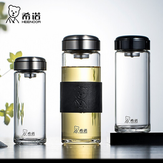 Sino Einschichtglas Tasse große Kapazität Tragbarer Autobecher mit Filtergitter verdickter Kristallbecher für die hitzebeständige transparente Teetasse von Herren mit PU-Ledertasche 6195 Originalfarbe