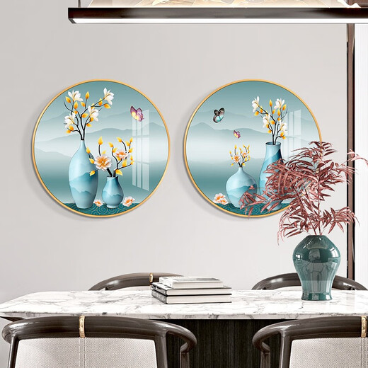 莫画泸林餐厅装饰画现代简约餐桌挂画餐厅壁画入户玄关柜高档画饭厅九鱼图 富贵平安两联11969+11970 烤瓷镶钻-直径50-铝合金黑框