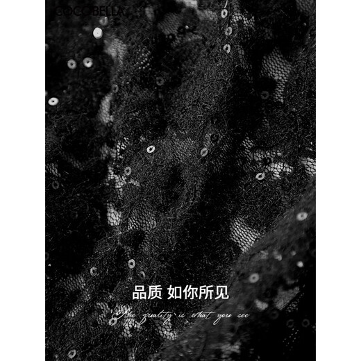 COCOBELLA精致提花亮片蕾丝衫女秋冬优雅半高领打底衫LC7027-2 黑色 S
