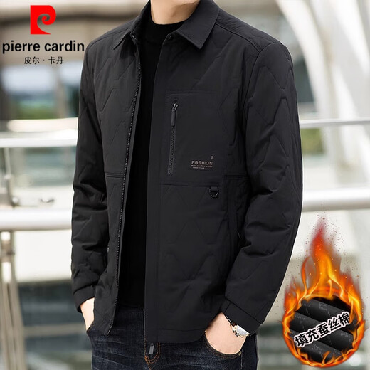 Pierre Cardin autumn and winter casual men's thickened coat warm lapel short jacket men's mulberry silk cotton jacket 2025 new khaki XL recommended 140-155Jin Jin equals 0.5 kg