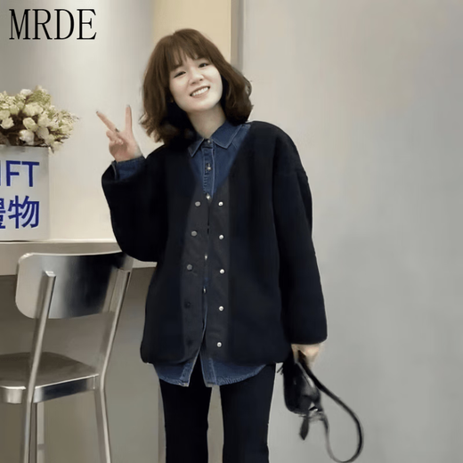 MR.DE Jianyu Moxun Denim Shirt Women's Spring Autumn and Winter Korean Style Loose Blue Versatile Casual Bottoming Shirt Jacket Blue Velvet XL 120-135