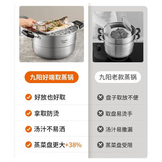 Joyoung Steamer 304 stainless steel double-layered bottom large-capacity high-arch lid steamer soup pot steamer induction cooker universal heightening design-CZ513- 2 layers 28cm