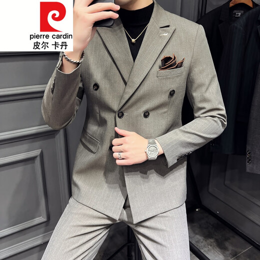 Pierre Cardin double breasted suit men's suit slim casual Korean style British style formal men's wedding plus size suit trend 9962 coffee color suit + trousers tie 3XL