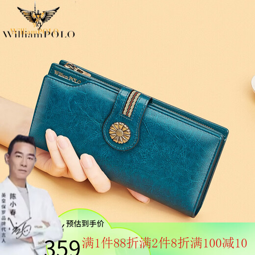 Williampolo Wallet Ladies 2024 Neue Handtasche Frauen Silbertasche Clutch Long Wallet Card Bag Mutter Pfaublau Blaues Öl Wachs Kowide