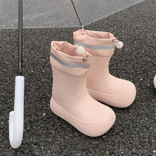 Thin strips (XIXITIAO) Wear waterproof drawstrings on rainy days outside for women's four-season universal eva parent-child fashion rain boots water shoes meat pink single layer [creative splicing] 36-37